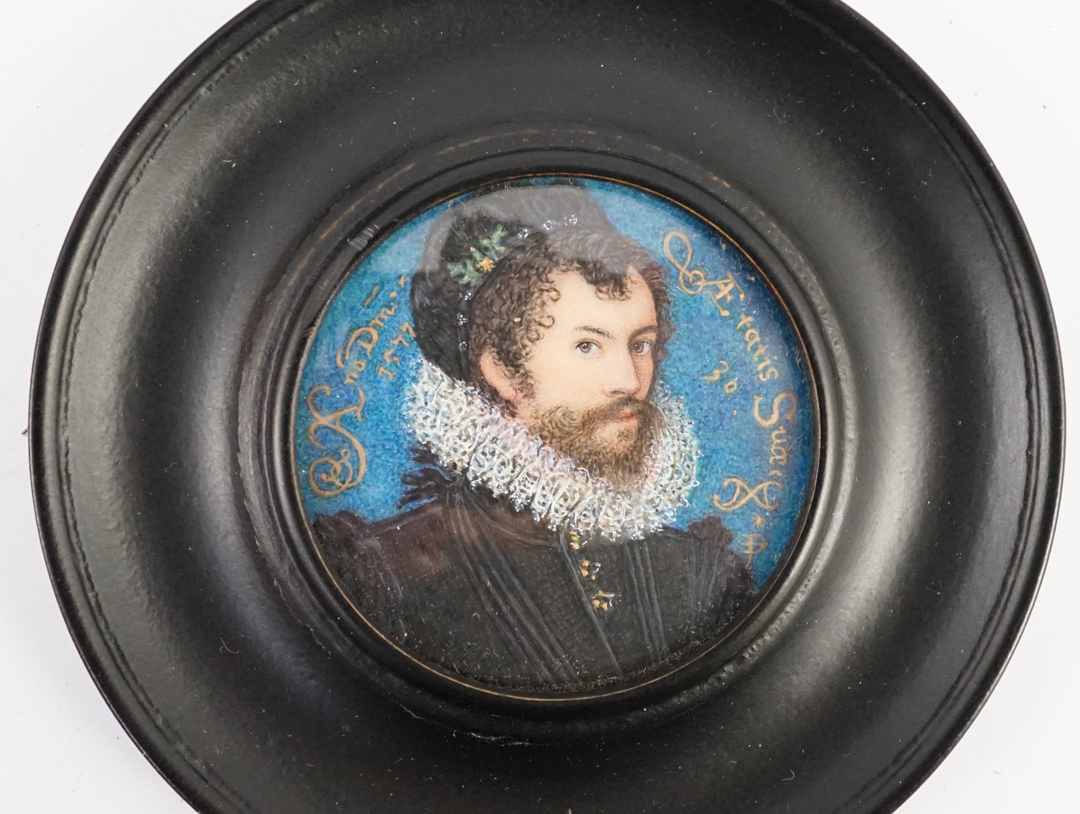 Diane Pavitt H.S., S.L.m (Contemporary French) after Nicolas Hilliard (1547-1619), Self-portrait, aged 30, watercolour and gouache on polymin, 4cm.